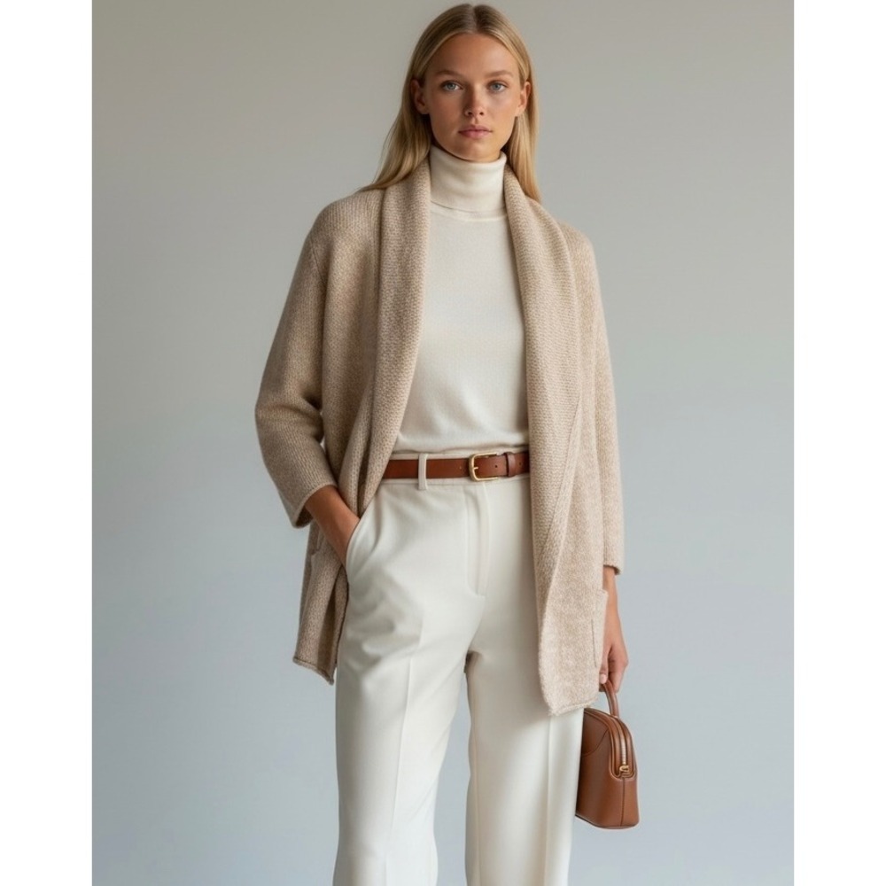 Kenar Beige Metallic Knit Medium Open Front Draped Cardigan Sweater Sweater